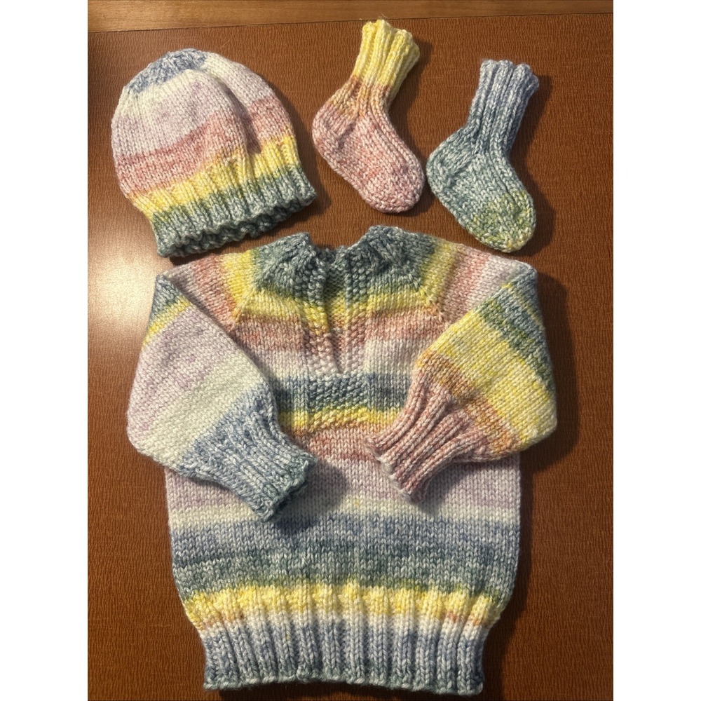 Warm hand-knitted baby set including cardigan, beanie hat and booties, Size 3 Mo